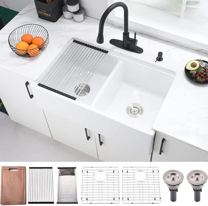 33 Inch Double Bowl White Farmhouse Sink Workstation-Bokaiya 33x20 Fireclay Apron Front White Porcelain Ceramic Reversible 50/50 Double Bowl Farm Sink with Accessories