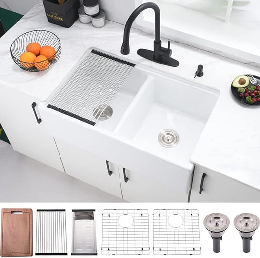 33 Inch Double Bowl White Farmhouse Sink Workstation-Bokaiya 33x20 Fireclay Apron Front White Porcelain Ceramic Reversible 50/50 Double Bowl Farm Sink with Accessories