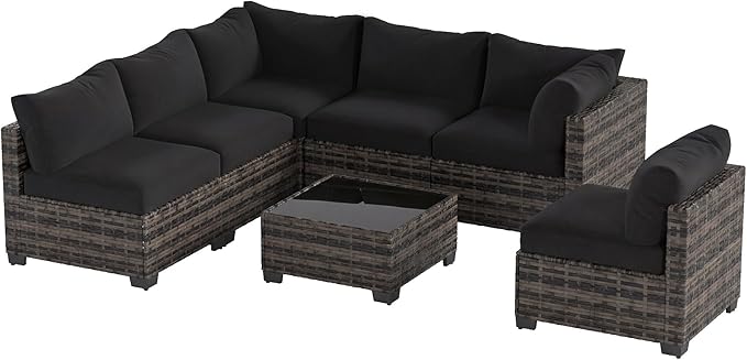 Patio Furniture Set, 7-Piece Outdoor Sectional Couch with Coffee Table & Thick Cushions, Outdoor Wicker Conversation Set for Backyard, Poolside, Garden (White-Black, 7 Piece-Single)