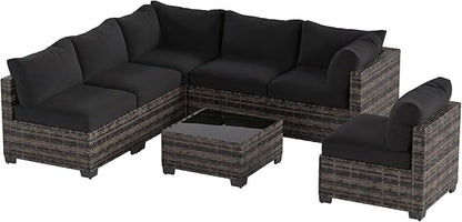 Patio Furniture Set, 7-Piece Outdoor Sectional Couch with Coffee Table & Thick Cushions, Outdoor Wicker Conversation Set for Backyard, Poolside, Garden (White-Black, 7 Piece-Single)