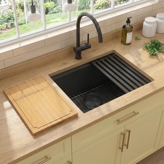 LQS 23 Inch Black Undermount Kitchen Sink, Black Kitchen Sink 23" x 18", 10" Deep Single Bowl Sinks, 16 Gauage Stainless Steel Material, Workstation Ledge With Abundant Accessories
