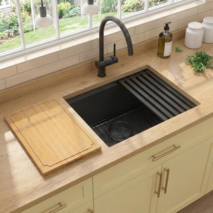 LQS 23 Inch Black Undermount Kitchen Sink, Black Kitchen Sink 23" x 18", 10" Deep Single Bowl Sinks, 16 Gauage Stainless Steel Material, Workstation Ledge With Abundant Accessories