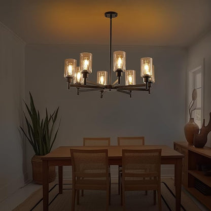 9MMML Farmhouse 8-Light Glass Chandelier, Modern Black Chandelier for Kitchen Dining Room Light Fixture Over Table, Industrial Chandelier for Living Room, Foyer, Entryway, E26 Bulb Base