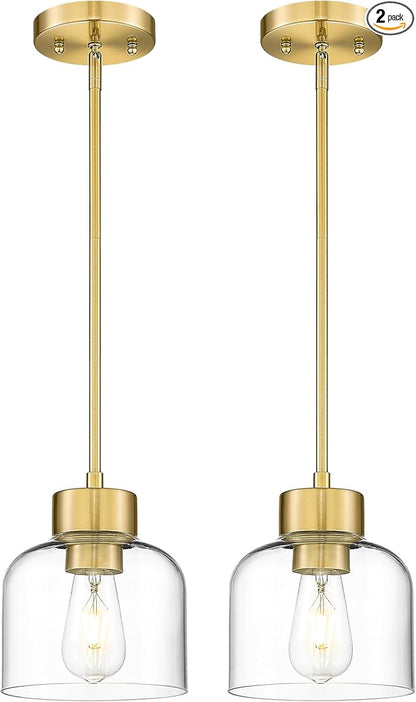 2-Pack Pendant Lights Kitchen Island, 7" Brushed Gold Hanging Lights Fixtures with Clear Glass Shade, Modern Brass Kitchen Pendant Lighting Over Island for Dining Room, AD-24024-1P2-GD