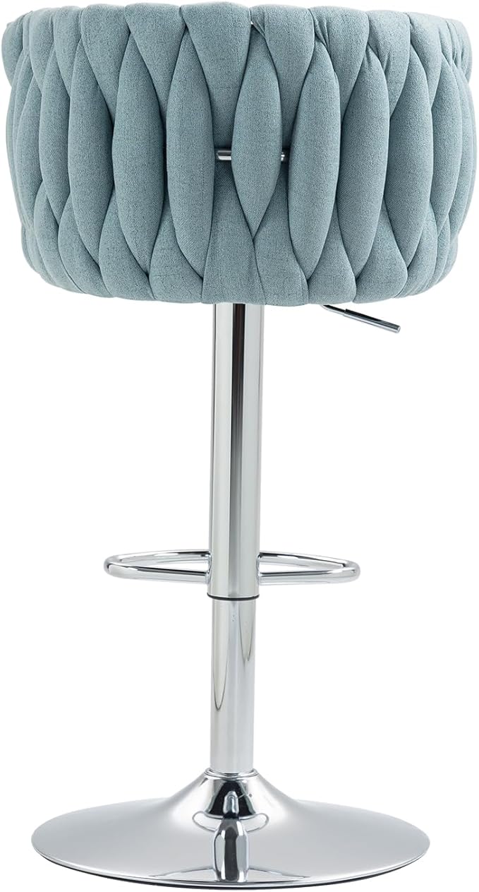 360° Fabric Cover Swivel Bar Stools Set of 2, Adjustable Counter Height Bar Chairs with Woven Back Footrest, Silver Chromed Bar Stools for Kitchen Island, Cafe, Pub (Blue)