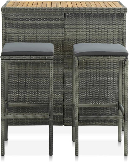 3-Piece Indoor Bar Table Set with Stools, Gray PE Rattan Bistro Set for Kitchen Dining Room, Steel Frame and Acacia Wood Tabletop, Space-Saving Furniture for Small Spaces