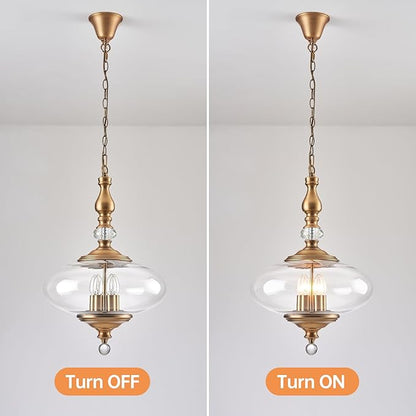 Vintage Pendant Light Brass Glass Pendant Light 15.74" Wide 5 Light Chandeliers for Kitchen, Dining Room Adjustable Hanging Height