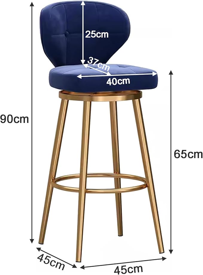 Counter Height stools Set of 2, 360° s with Back and Footrest, Thickened Upholstered Cushion, Tall Chairs for Kitchen Island, Dining Room, Home, Cafe,Blue-Sitting Height 65cm