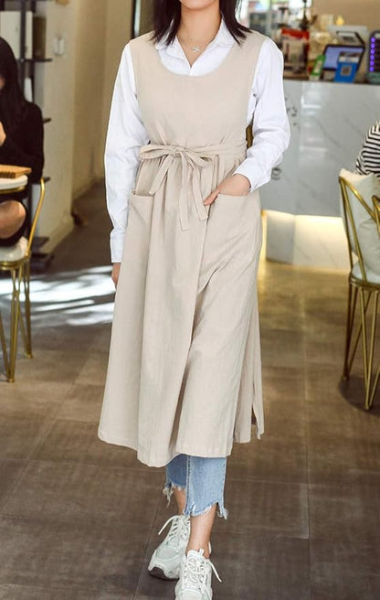 Women Plus Size Cotton Linen Vintage Pleated Split Apron Pinafore Dress with Two Pockets