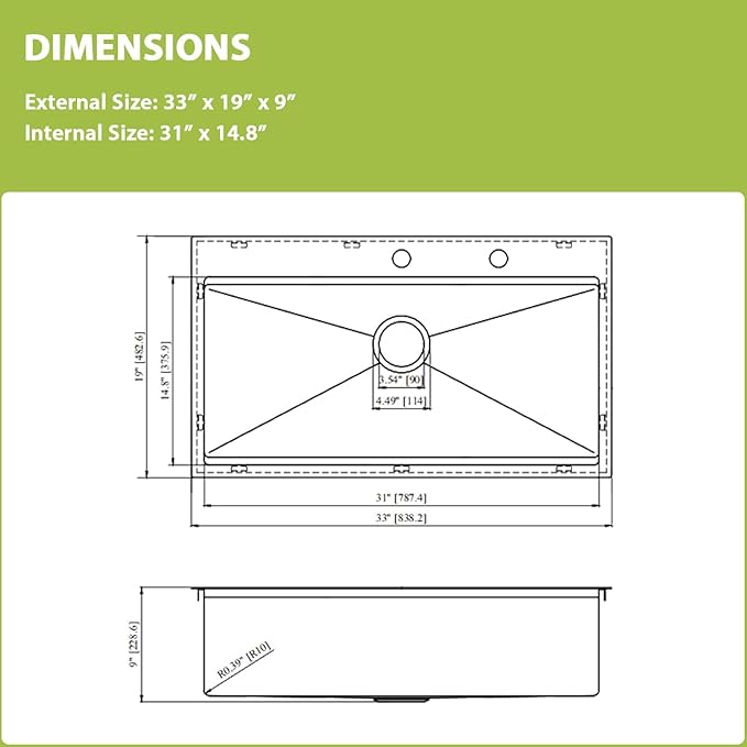 33x19 Drop in Kitchen Sink Workstation- MERYIAO 33 Inch Drop In Kitchen Sinks Handmade T304 16 Gauge Stainless Steel Single Topmount Bowl 9" Deep Basin