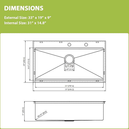 33x19 Drop in Kitchen Sink Workstation- MERYIAO 33 Inch Drop In Kitchen Sinks Handmade T304 16 Gauge Stainless Steel Single Topmount Bowl 9" Deep Basin