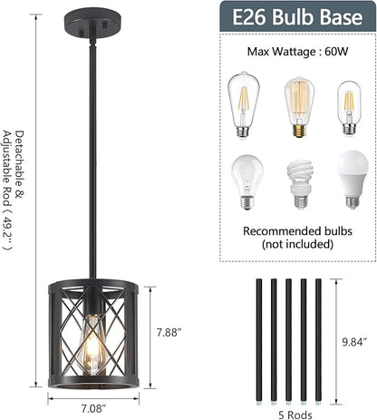 Farmhouse Pendant Light for Kitchen Island - Industrial Metal Lantern Black Pendant Lighting Single Hanging Light Fixture with 49.2" Adjustable Rods for Dining Room, Over The Sink, Hallway