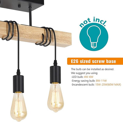 Rustic Vintage Wood Ceiling Light, 3-Light Retro Semi Flush Mount Ceiling Light Fixture, Industrial Farmhouse Ceiling Lamp for Hallway Bedroom Entryway Farmhouse Dining Room Living Room