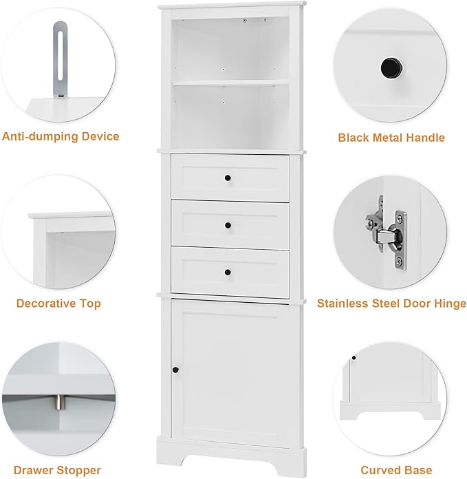 69" H Tall Corner Cabinet with Adjustable Shelves and Drawers, Storage Bookshelf Space Saver for Bathroom or Kitchen, White