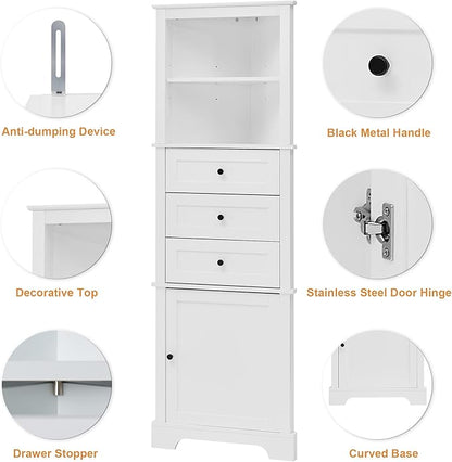 69" H Tall Corner Cabinet with Adjustable Shelves and Drawers, Storage Bookshelf Space Saver for Bathroom or Kitchen, White