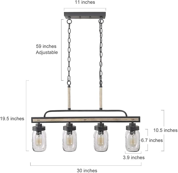 LOG BARN Rustic Mason Jar Lights, Farmhouse Chandelier Metal Finish with Glass Shades, Linear Hanging Pendant for Kitchen Island, Dining Room