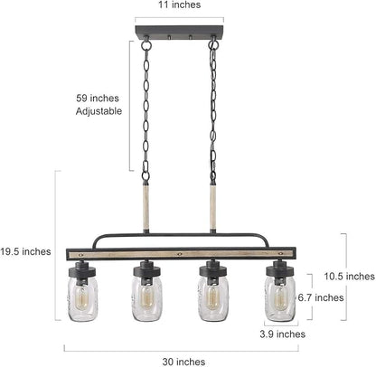 LOG BARN Rustic Mason Jar Lights, Farmhouse Chandelier Metal Finish with Glass Shades, Linear Hanging Pendant for Kitchen Island, Dining Room
