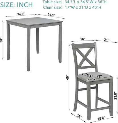 5 Piece Counter Height Dining Table Set for 4, Solid Wood Square Kitchen Table and 4 Upholstered Chairs, Modern Dining Room Table and Chairs Set for Kitchen and Dining Room, Gray