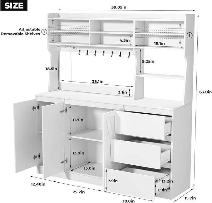 Loomie Farmhouse Sideboard Buffet Cabinet with Storage, 59" Kitchen Storage Cabinet with Power Outlet & LED Light, Coffee Bar w/Microwave Stand & Doors & Drawers & Hooks & Adjusted Shelves (White)