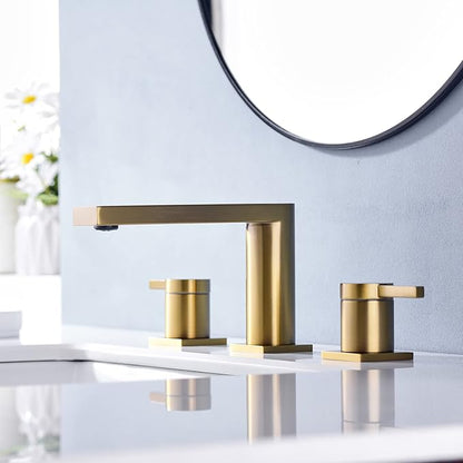 Luxury Brass Widespread Bathroom Sink Faucets for 3 Hole 2-Handle 8 Inch Deck Vanity Faucet & Stainless Steel Pop-up Drain Assembly, Brushed Brass Gold