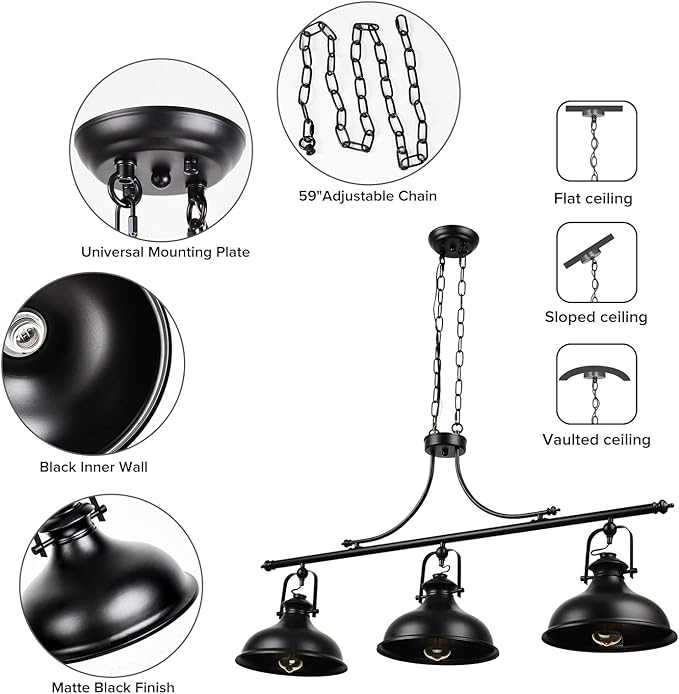 GZBtech Vintage 3-Light Pendant Lighting Fixture, 59.06'' H Adjustable Rustic Hanging Billiard Light Over The Pool Table, Industrial Black Metal Chandelier for Dinning Room Kitchen Island, UL Listed