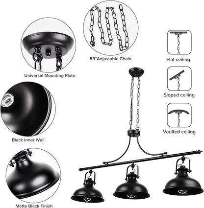 GZBtech Vintage 3-Light Pendant Lighting Fixture, 59.06'' H Adjustable Rustic Hanging Billiard Light Over The Pool Table, Industrial Black Metal Chandelier for Dinning Room Kitchen Island, UL Listed