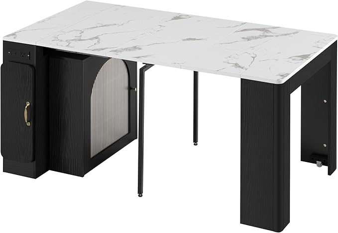 Extendable Dining Table with 3 Removable Middle Leaves, Mobile Rolling Island Table with Power Outlet, Saving-Space Cabinet with Storage for Dining Room and Living Room (Black,White Marble)