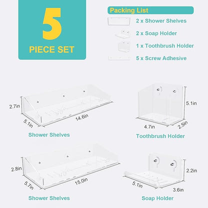 Bakzon Adhesive Shower Caddy, 5 Pack Acrylic Shower Shelves Bath Organizers With Large Capacity, No Drilling Shelves for Bathroom Storage