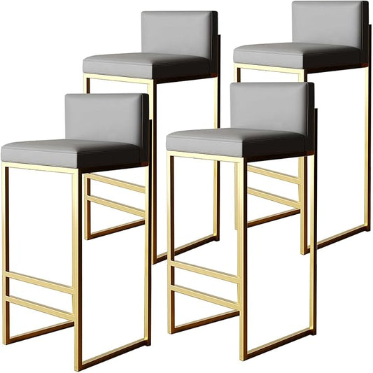 Height Stools of 4, Upholstered stools with Back, Armless Chairs for Kitchen Island, PU Leather Seat, Black/Gold Metal Legs, 65cm, Grey (Grey+Gold 4 Pcs)
