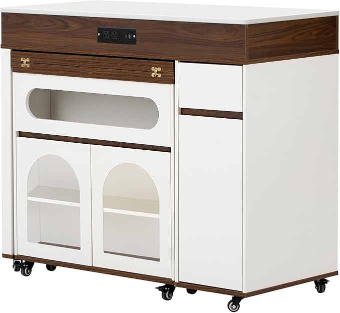Modern Extendable Dining Table with Folding Top, Rolling Kitchen Island with Storage Drawers & Cabinet - Space Saving Sturdy Frame Furniture for Kitchen & Dining Room, Easy Assembly,CreamyWhite-Walnut