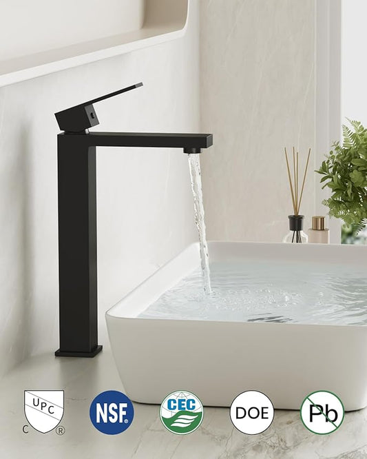 gotonovo Vessel Sink Faucet Single Handle Tall Bathroom Faucet One Hole Modern Lavatory Vanity Basin Mixer Tap Matching Supply Hoses and Pop up Drain Without Overflow, Matte Black