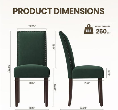 COLAMY Green Velvet Dining Chairs Set of 2 – Upholstered Kitchen & Dining Room Chairs with Nailhead Trim, Soft High-Density Cushion and Solid Wood Legs for Dining Room, Kitchen, Living Room