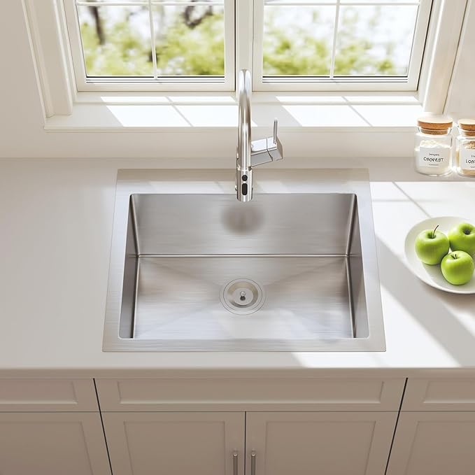 HOTIS 22x18 Inch Drop In Kitchen Sink, Stainless Steel Handmade Single Bowl Topmount Kitchen Sink, Brushed Nickel Prep Sink with Strainer