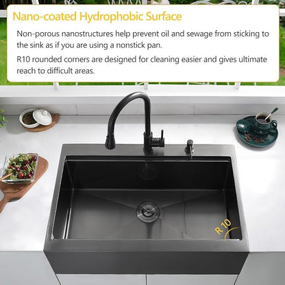 33 Black Drop In Kitchen Farmhouse Sink, Luckyhorse 16 Gauge 33x22 Nano Black Stainless Steel Drop in Topmount Workstation Farmhouse Kitchen Sink with Apron Front LH010SQ