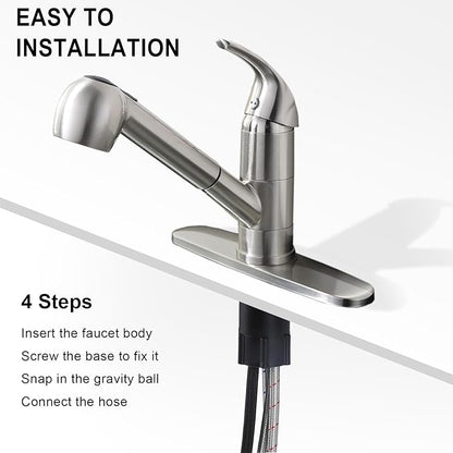Kitchen Faucet with Pull Out Sprayer, Low Profile Stainless Steel Single Handle Brushed Nikcel Utility Laundry Sink Faucet 1 or 3 Hole Grifo De Cocina