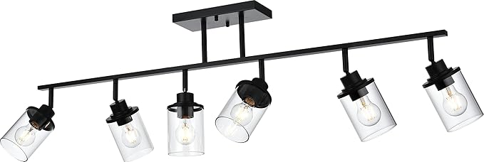 6-Light Track Lighting Kit Directional Bathoom Lights Over Mirror Industrial Black Kitchen Track Lighting Fixtures Ceiling with 6 Rotatable Light Heads, Clear Glass Shade
