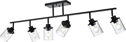 6-Light Track Lighting Kit Directional Bathoom Lights Over Mirror Industrial Black Kitchen Track Lighting Fixtures Ceiling with 6 Rotatable Light Heads, Clear Glass Shade