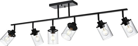 6-Light Track Lighting Kit Directional Bathoom Lights Over Mirror Industrial Black Kitchen Track Lighting Fixtures Ceiling with 6 Rotatable Light Heads, Clear Glass Shade