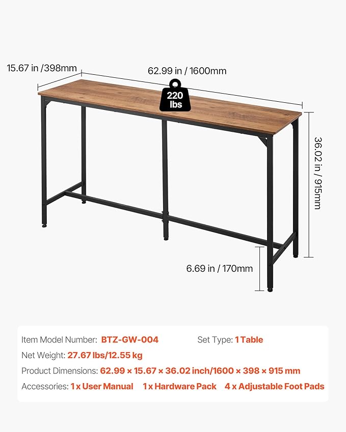 VEVOR Bar Table, Sturdy Metal Frame High Top Pub Table, Small Kitchen Dining, Cocktail Coffee Counter Bar Height Desk, Easy to Assemble, 63x16x36 in, for Living Room Party, Brown