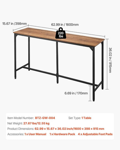 VEVOR Bar Table, Sturdy Metal Frame High Top Pub Table, Small Kitchen Dining, Cocktail Coffee Counter Bar Height Desk, Easy to Assemble, 63x16x36 in, for Living Room Party, Brown