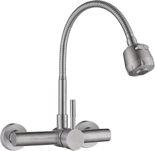 Wall Mount Kitchen Sink Faucet with Sprayer 8“ Inch Center, Brushed Nickle Stainless Steel Sink Mixer Tap, Laundry Utility Faucets with Dual Functional Sprayer