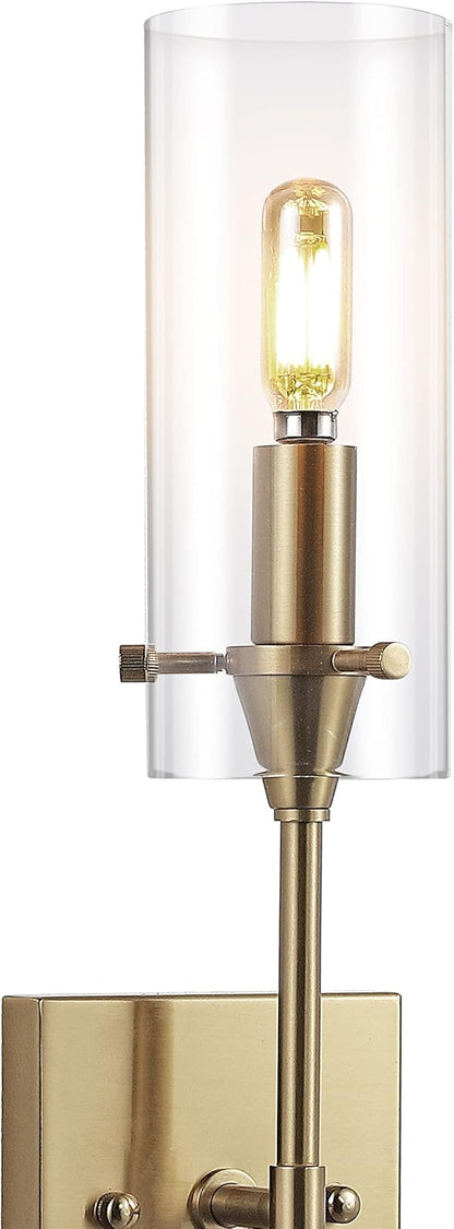 JONATHAN Y 20.5" Brass Gold/Clear 1-Light Modern Farmhouse LED Vanity Light Sconce, Clear Glass Cylinder Shade, Wall Lamp for Bathroom Mirror Hallway Entryway, LED Bulb Included (JYL7805C)