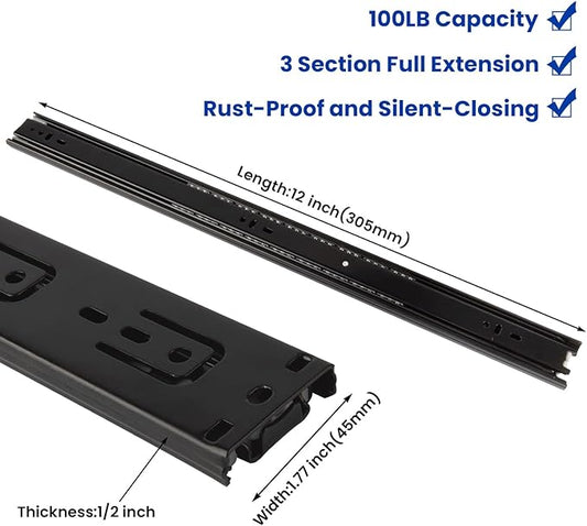 LONTAN Full Extension Ball Bearing Drawer Slides 8 10 12 14 16 18 20 22 24 Inch Heavy Duty Side Mount File Cabinet Rails Dresser Runner Kitchen Cabinet Drawer Glides,12 Inch,1 Pair,Black