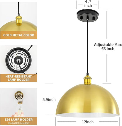 Gold Pendant Light, 12" Farmhouse Ceiling Light with Gold and White, Elegant Semi-Circular Shade Design, Adjustable Height Industrial Dome Pendant Lights for Kitchen Island, Dining Room