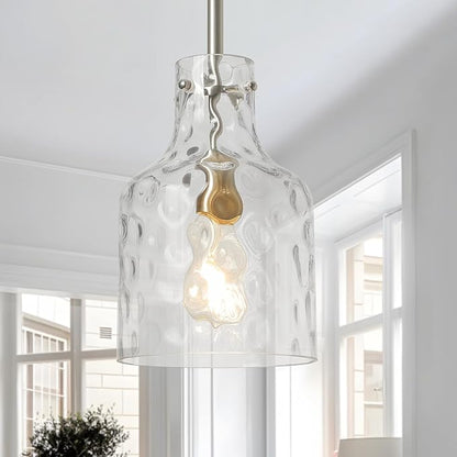 WILON Modern Glass Pendant Lighting for Kitchen Island, Farmhouse Pendant Lights for Dining Room Kitchen Sink, Adjustable Hanging Ceiling Light 7" Hammered Glass Shade, Brushed Nickel Metal Finish