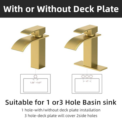 Ryuwanku Bathroom Faucet Brushed Gold Modern Waterfall Bathroom Sink Faucet with Single Handle Suitable for 1 or 3 Holes,Supply Deck Plate and Hose…