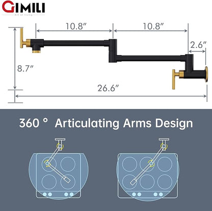GIMILI Black and Gold Pot Filler Commercial Wall Mount Faucet Folding Double Joint Swing Arm Pot Filler Rotatable Wall Faucet