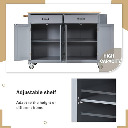 Favfurish Kitchen Island Cart on Locking Wheels with 4 Cabinet and 2 Drawers, Rolling Coffee Bar Trolley w/Solid Wood Tabletop, Adjustable Shelves, Spice & Towel Side Rack, for Dining Room, Gray