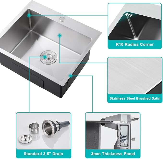 20 Inch Drop in Kitchen Bar Sink Brushed, TSIBOMU 304 Stainless Steel Single Bowl Topmount Kitchen Sink Basin with Grid, D20" x W16" x H9"