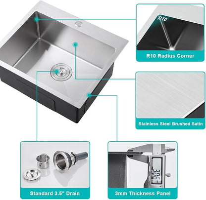20 Inch Drop in Kitchen Bar Sink Brushed, TSIBOMU 304 Stainless Steel Single Bowl Topmount Kitchen Sink Basin with Grid, D20" x W16" x H9"